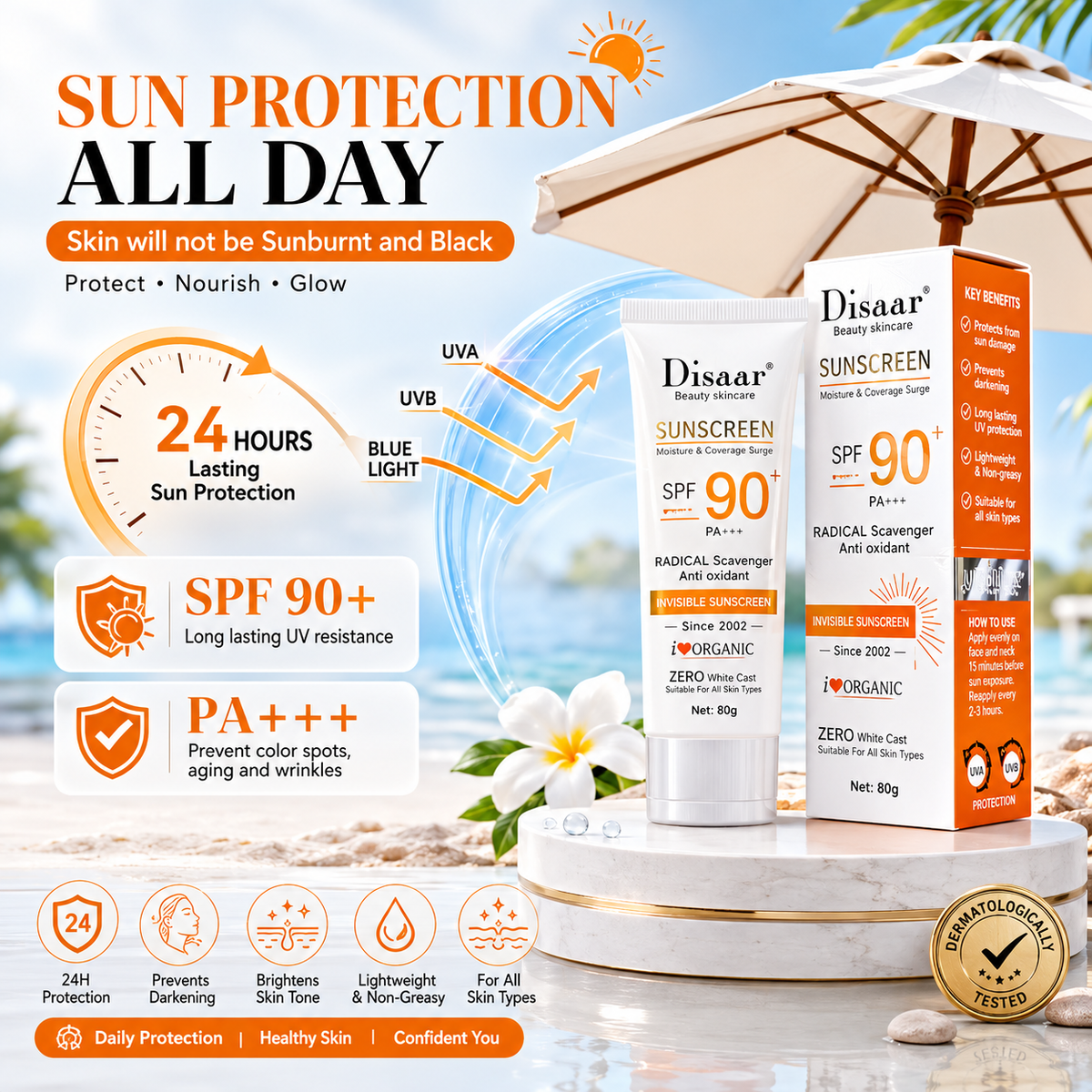 Disaar Isolation Sunscreen SPF 90+ – Broad-Spectrum UVA & UVB Sun Protection ( Free Shipping )
