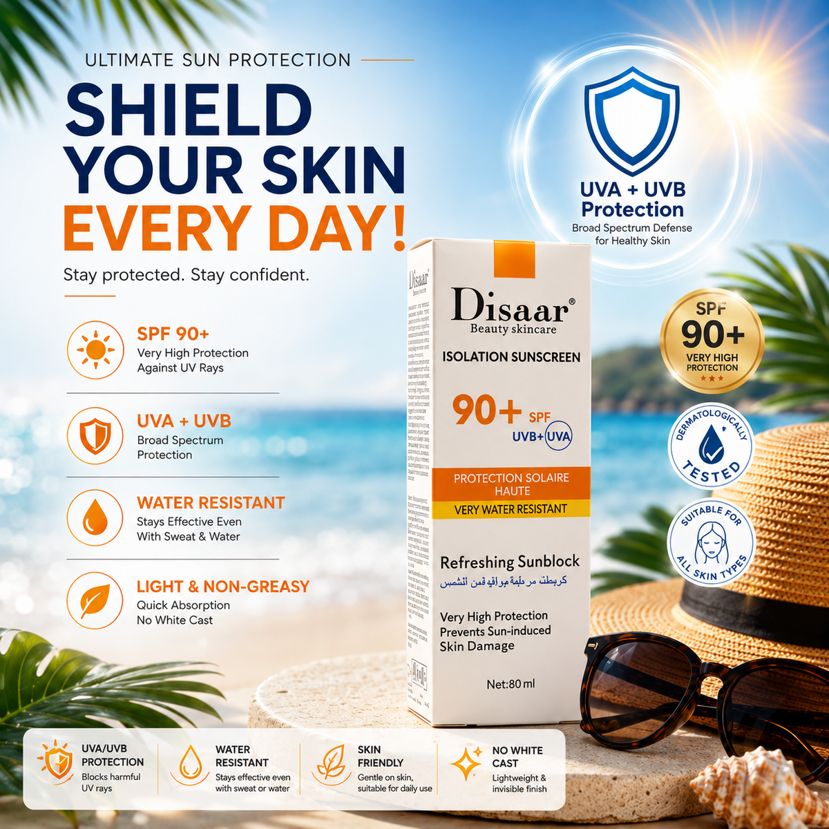Disaar Isolation Sunscreen SPF 90+ – Broad-Spectrum UVA & UVB Sun Protection ( Free Shipping )